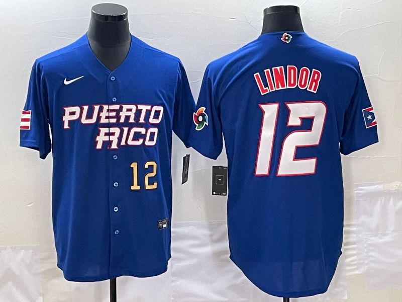 Men 2023 World Cub Puerto Rico #12 Lindor Blue Nike MLB Jersey5